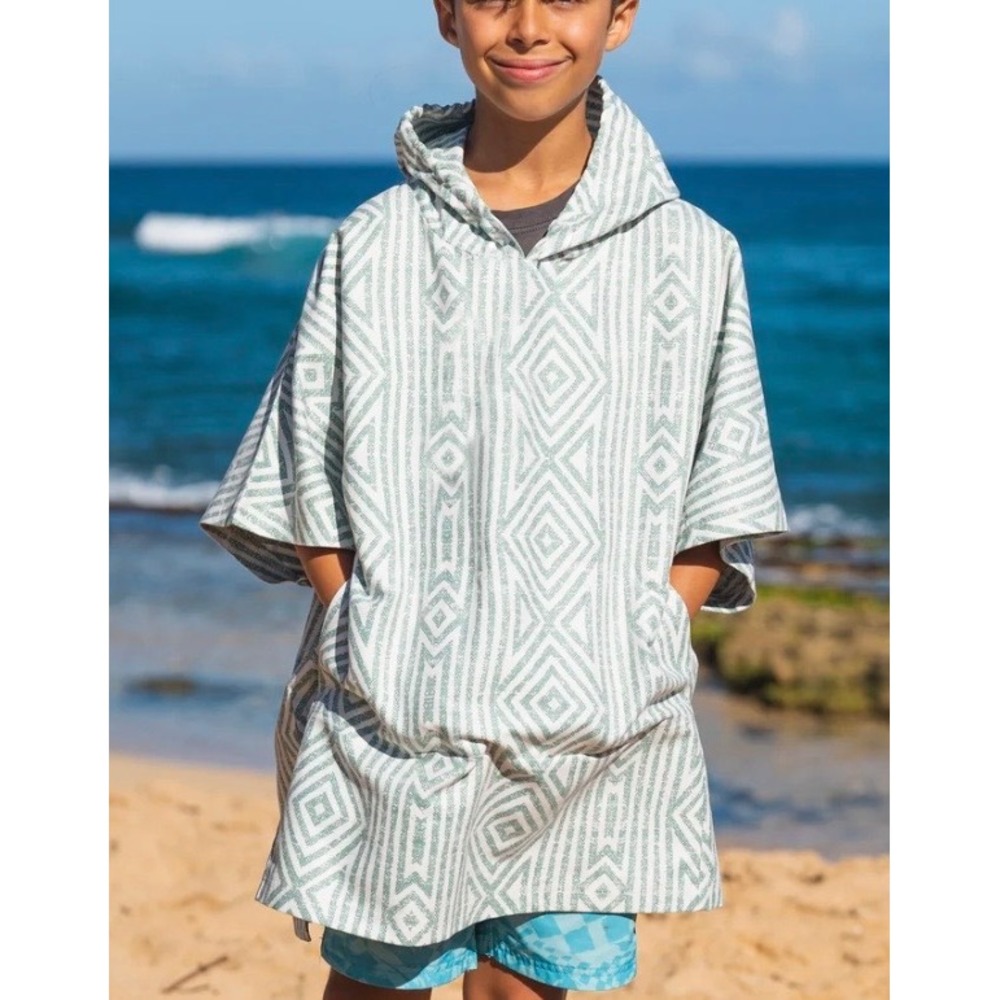 Rip Skirt Kids Hooded Swimsuit Cozy Cover Up Green Geometric Diamond Pattern